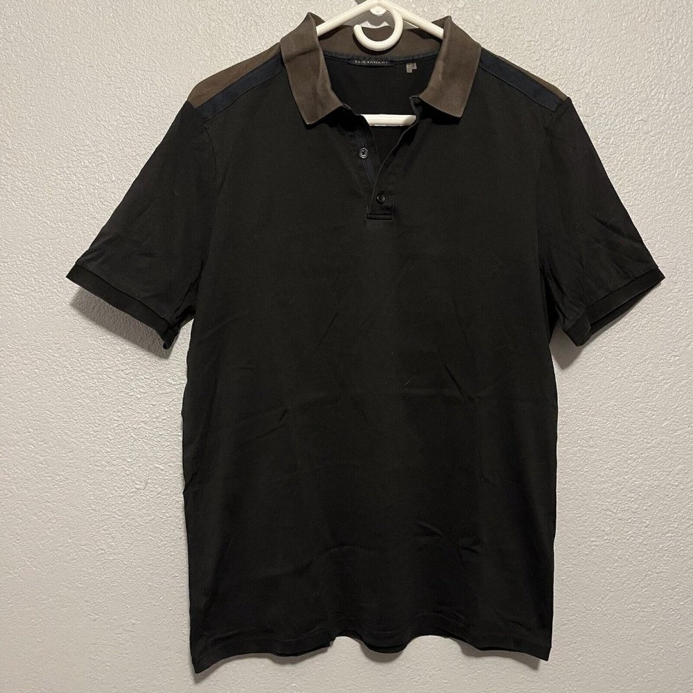 Elie Tahari Black Polo Shirt With Brown Collar and Neck Trim Size Medium